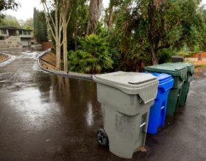 Trash, Recycling and Green Leaf Bins on the Street